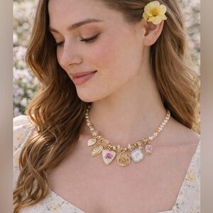 Charm Necklace Gold  Heart Locket Pearl Floral Spring Victorian Statement Piece